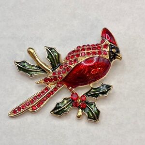 Cardinal on Holly Branch - holiday - brooch - rhinestones - vintage